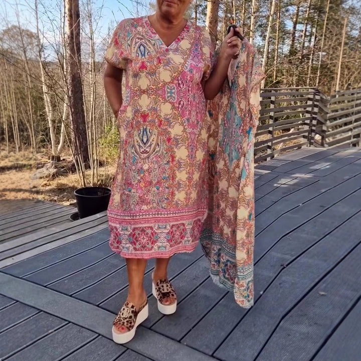 Damen nan luftiges V-Ausschnitt-Kleid im Paisley-Print mit Eingrifftaschen und passendem Pareo Drune