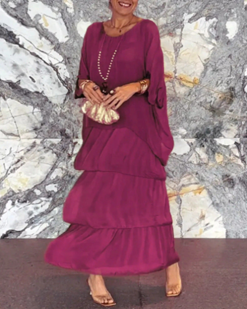 Damen nan bodenlanges Stufenkleid mit weiten Fledermausärmeln und lockerer Silhouette Drune