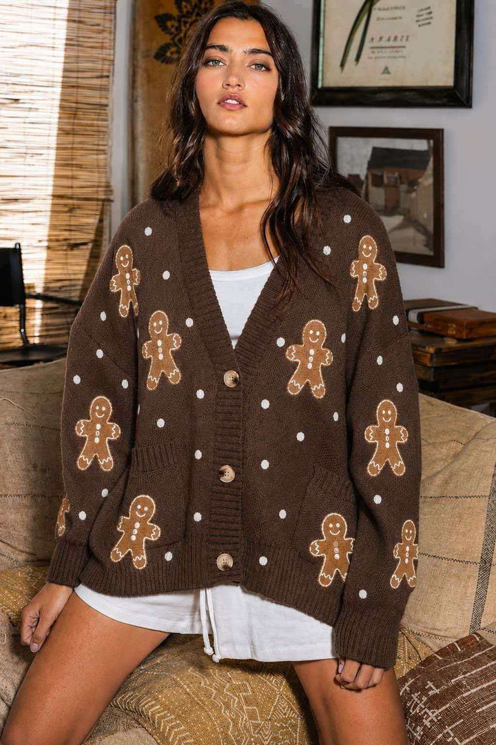 Damen nan oversized Strickcardigan mit Lebkuchenstickerei und tiefem V-Ausschnitt Drune
