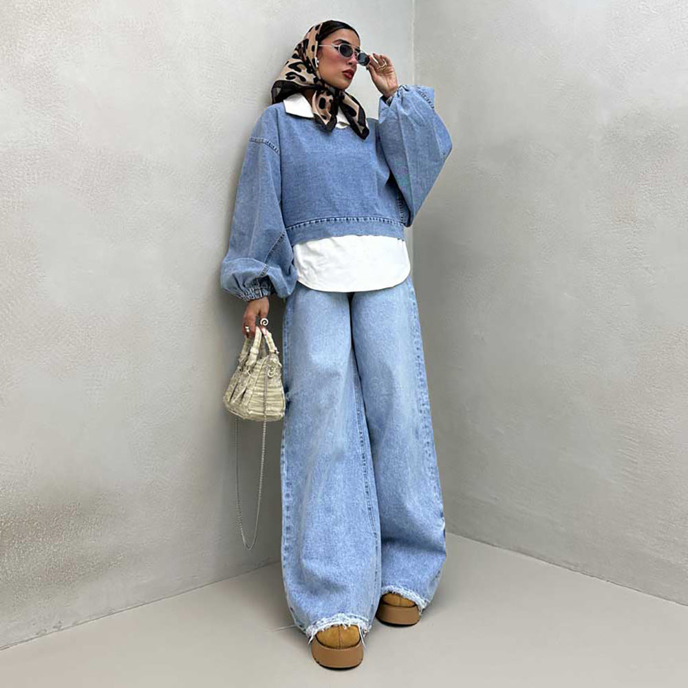 Damen Oversized Denim-Look Pullover mit voluminösen Ärmeln Drune