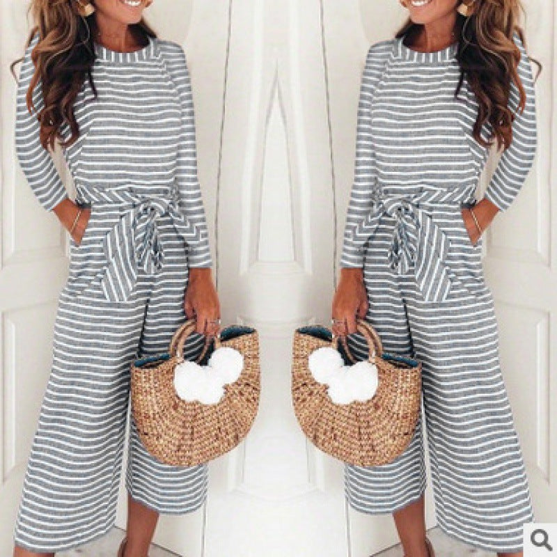 Damen Jumpsuit mit lässigem Bindegürtel und gestreiftem Muster Drune