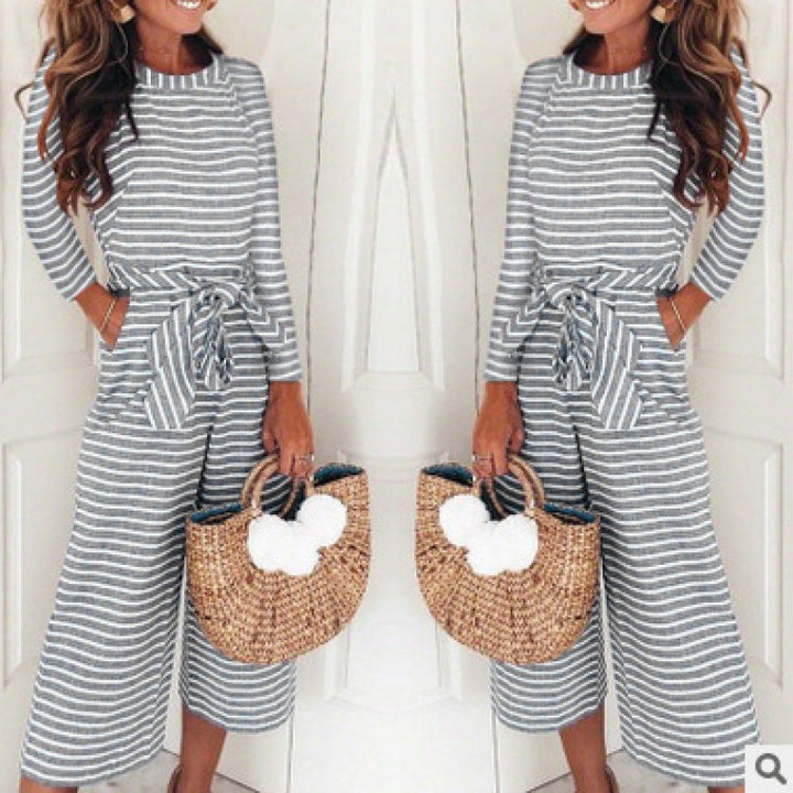 Damen Jumpsuit mit lässigem Bindegürtel und gestreiftem Muster Drune