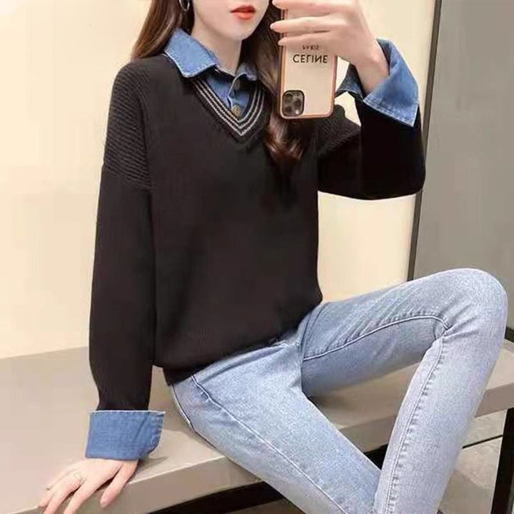Damen lässiger Strickpullover mit schickem Hemdkragen Drune