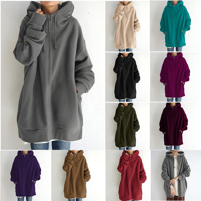 Damen nan oversized Kapuzenlongpullover mit Reißverschluss und Eingrifftaschen Drune