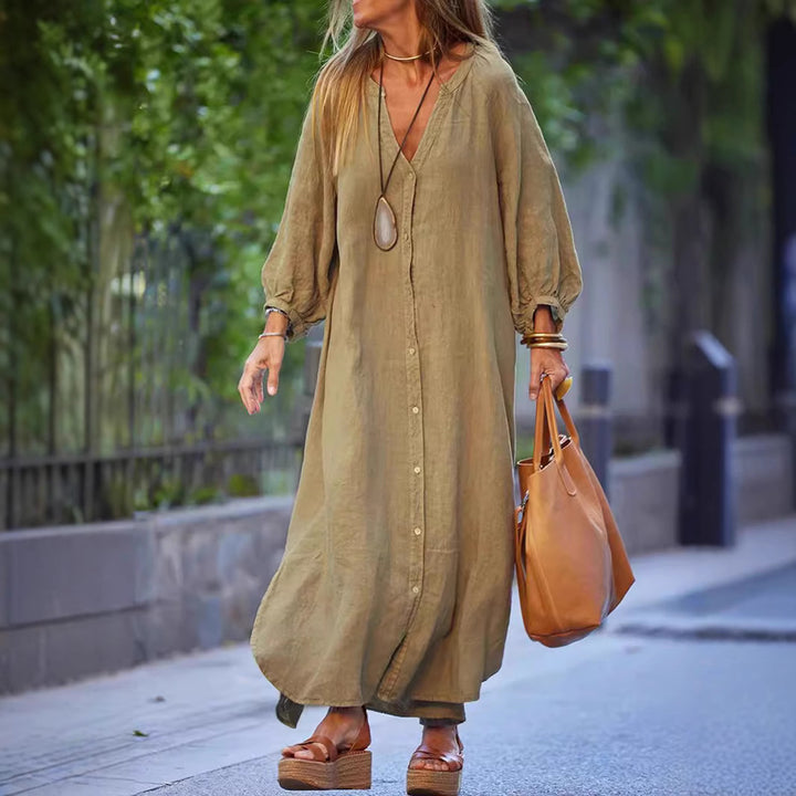 Damen Leichtes Leinenkleid mit langen Ärmeln und durchgehender Knopfleiste Drune