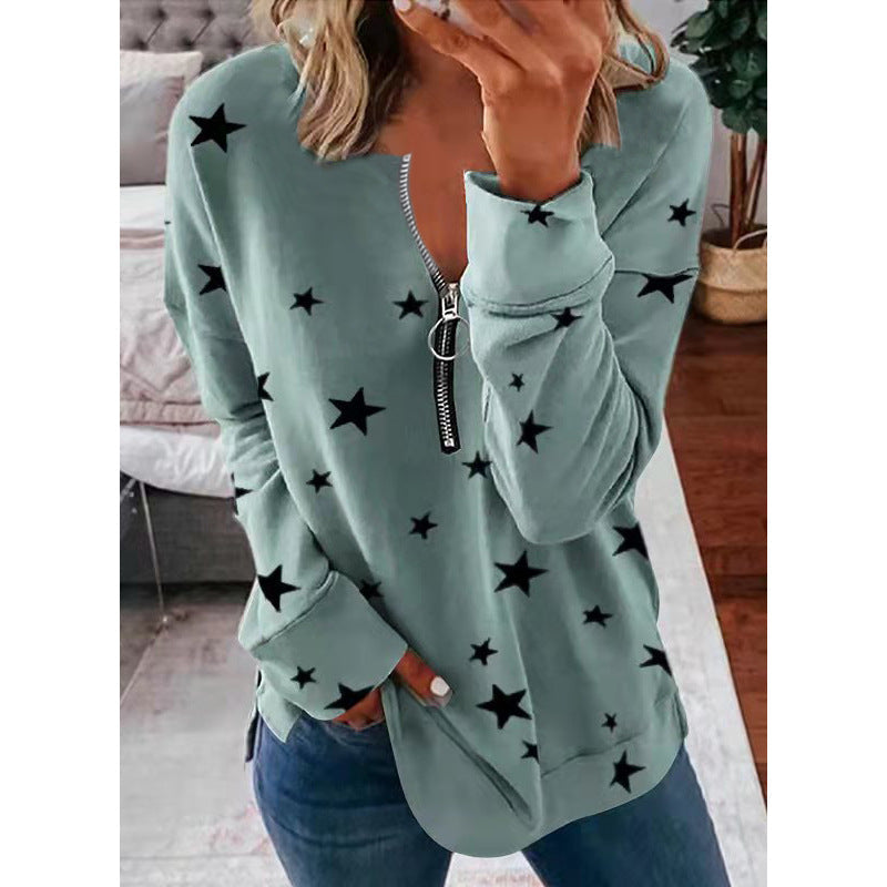 Damen Lässiger Sweatshirt mit Reißverschluss und Sternenmotiv Drune