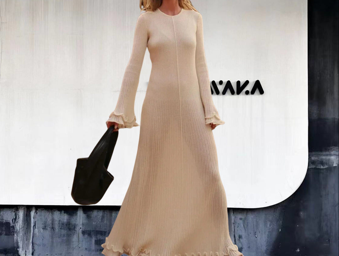 Damen Elegantes Maxikleid mit raffiniertem Rippdesign und fransigen Ärmeln Drune