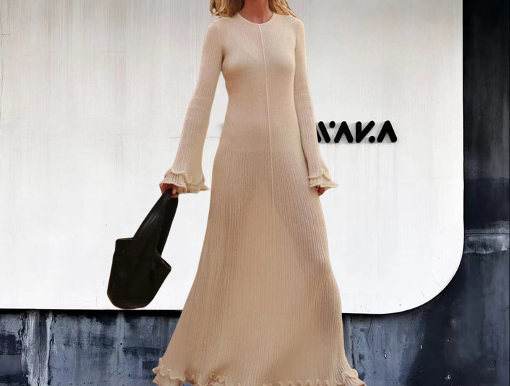 Damen Elegantes Maxikleid mit raffiniertem Rippdesign und fransigen Ärmeln Drune