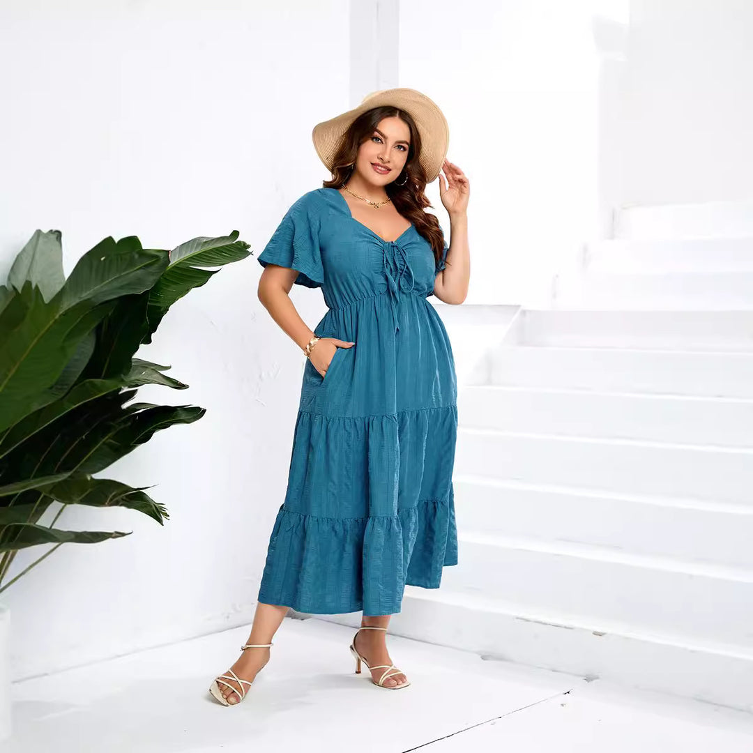 Damen Sommerliches Midikleid mit schmeichelndem Taillenzug und luftigen Ärmeln Drune