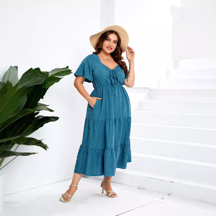 Damen Sommerliches Midikleid mit schmeichelndem Taillenzug und luftigen Ärmeln Drune
