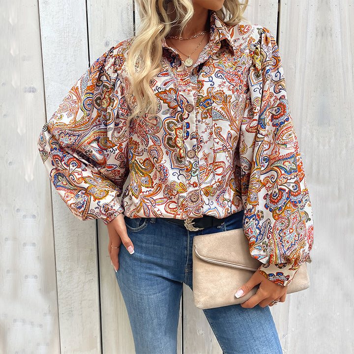 Damen Bluse mit auffälligem Paisleymuster und voluminösen Puffärmeln Drune