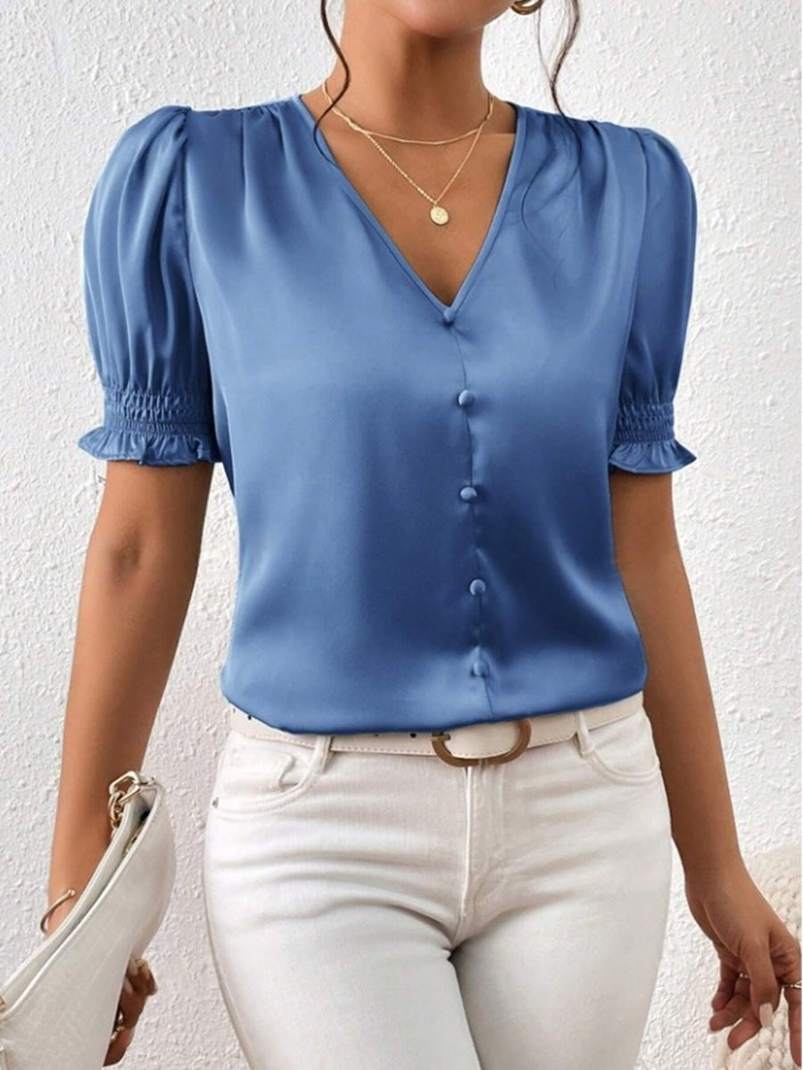 Damen Satinbluse mit Puffärmeln und eleganter Knopfleiste Drune