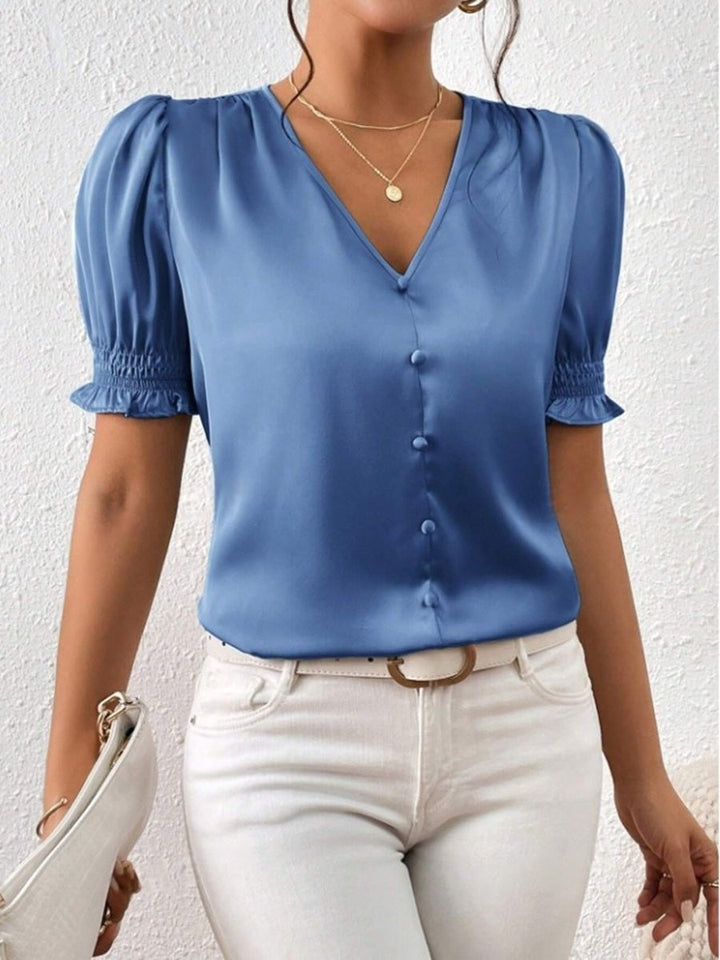 Damen Satinbluse mit Puffärmeln und eleganter Knopfleiste Drune