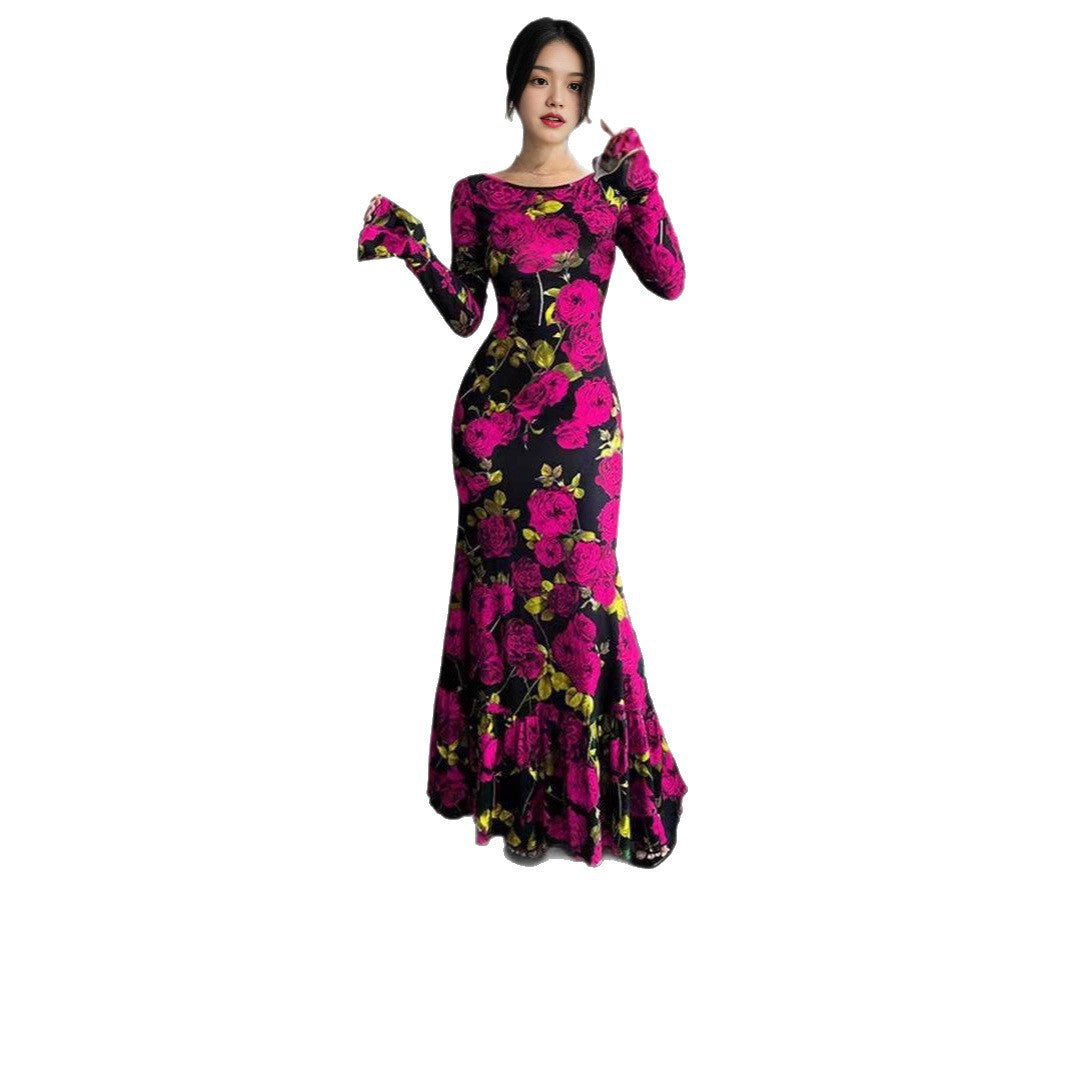 Damen nan eng anliegendes Maxikleid mit Meerjungfrauen-Schnitt, langen Glockenärmeln und Rüschensaum Drune