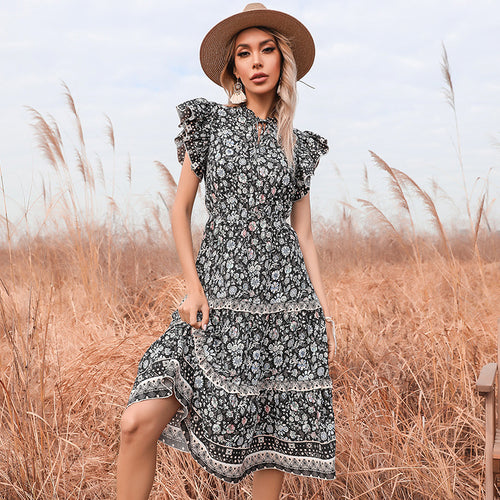 Damen Sommerkleid mit Rüschendetails und floralen Mustern Drune
