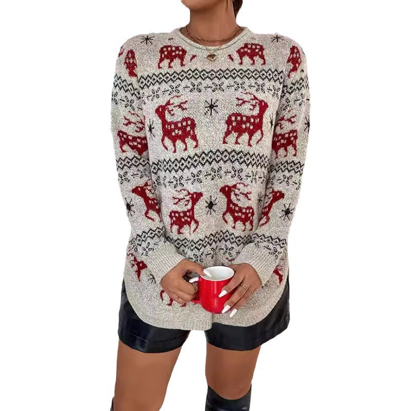 Damen Festlicher Strickpullover mit detailverliebtem Rentier-Motiv und hohem Kragen Drune