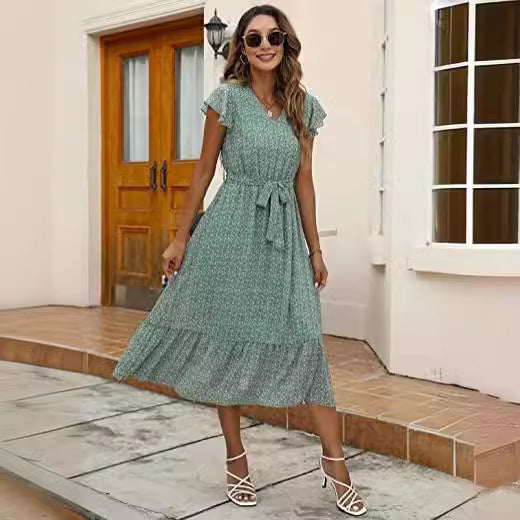 Damen Midi-Kleid mit floralem Design und Taillengürtel Drune