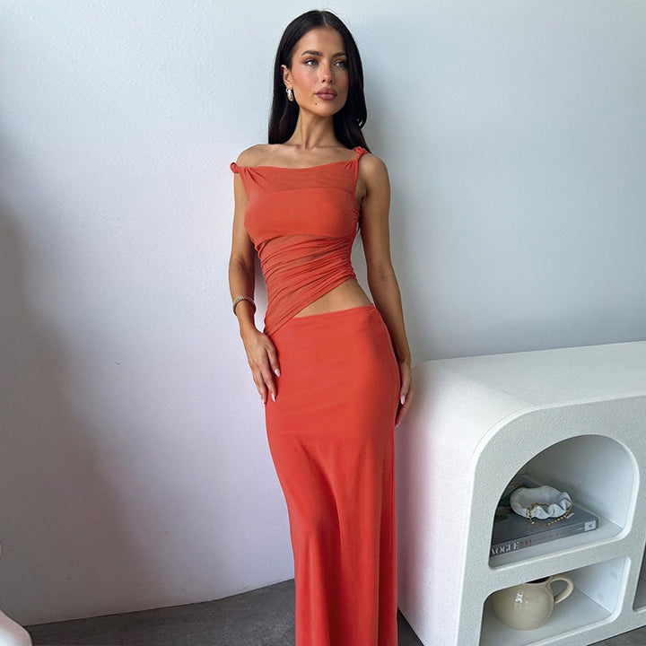 Damen figurbetontes Maxikleid mit asymmetrischem Schnitt und Raffungen Drune