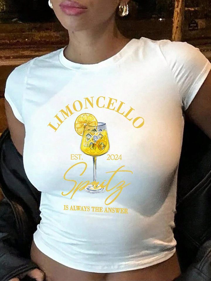 Damen Crop-T-Shirt mit kreativem Cocktail-Design Drune