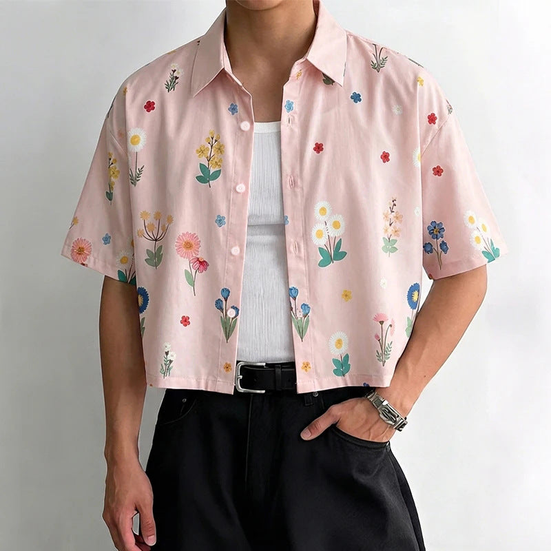 Damen nan kastig geschnittene Kurzarm-Hemdbluse mit floralem Allover-Print, Hemdkragen und kurzem Saum Drune