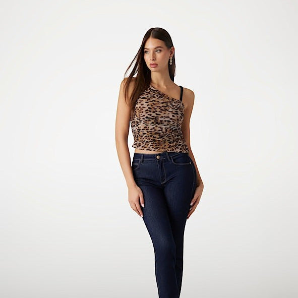 Damen Asymmetrisches Top mit Leopardenmuster und raffinierten Rüschen Drune