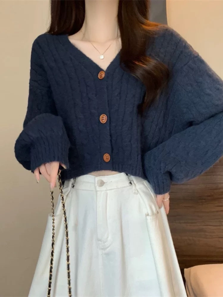 Damen lockerer Strickcardigan mit Zopfmuster und Knopfverschluss Drune