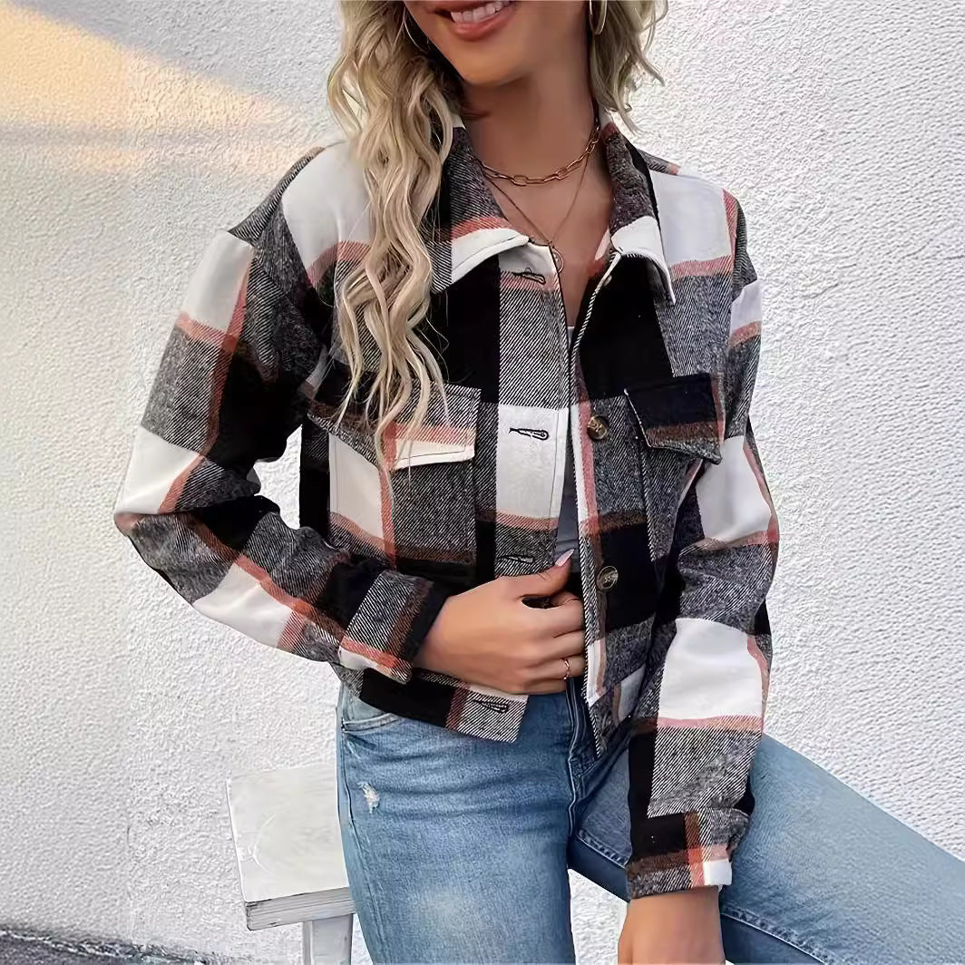 Damen Karo Crop-Jacke mit Taschen und Knopfverschluss Drune
