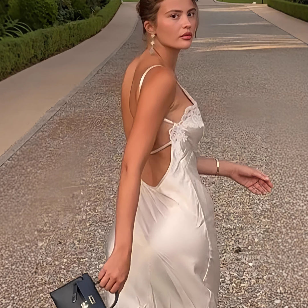 Damen elegantes Satin Maxikleid mit Spitzenbesatz und schmalem Trägerdesign Drune