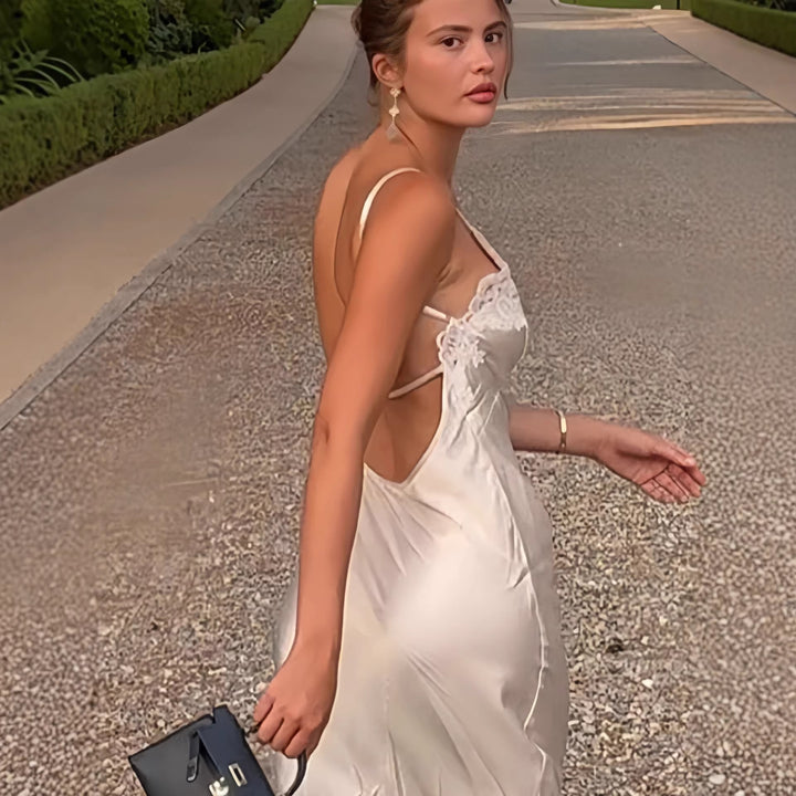 Damen elegantes Satin Maxikleid mit Spitzenbesatz und schmalem Trägerdesign Drune