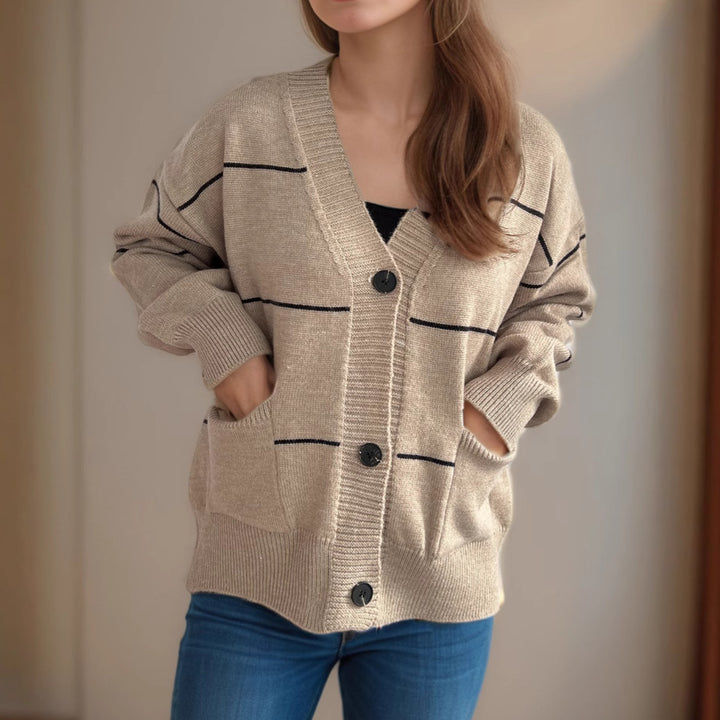 Damen lässige Strickjacke mit praktischen Taschen und modischen Kontraststreifen Drune