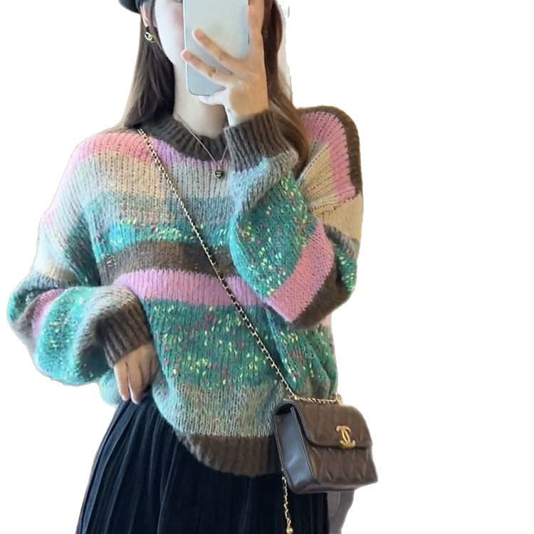 Damen Grobstrickpullover mit buntem Streifenmuster Drune