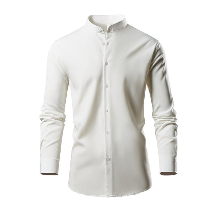 Herren elegantes Langarmhemd mit stehendem Kragen und modernen Knopfdetails Drune