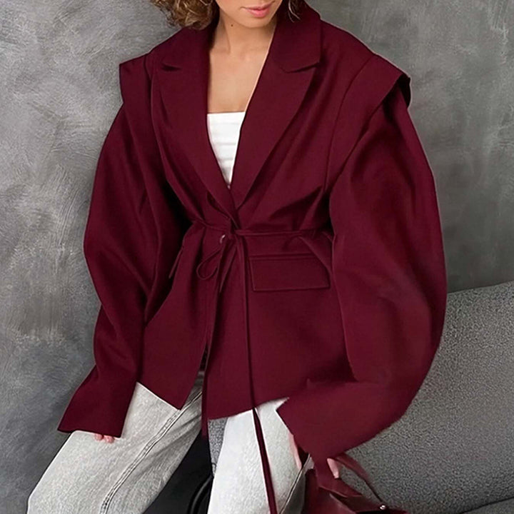 Damen Oversized Blazer mit Taillengürtel und eleganten Puffärmeln Drune