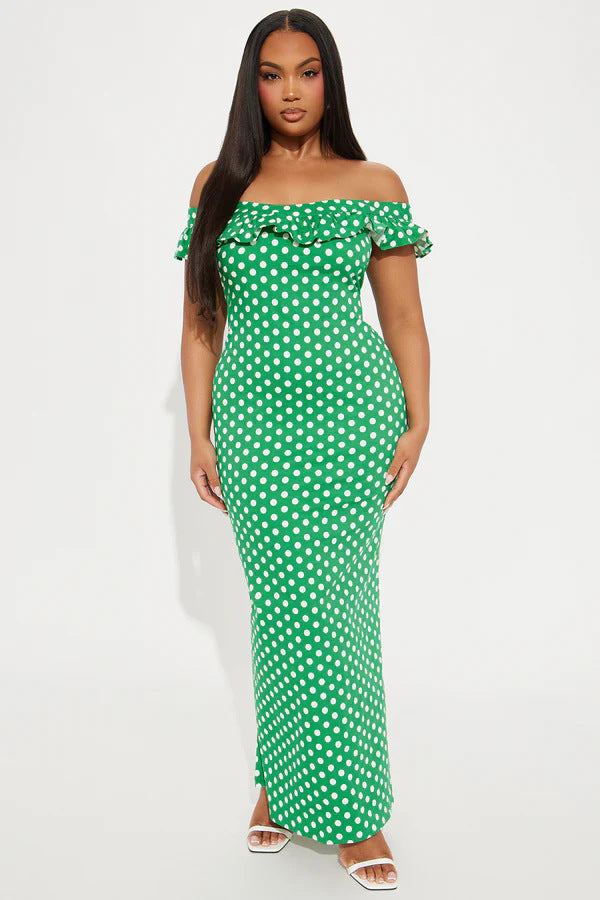 Damen Elegantes Maxikleid mit Rüschendetails und Polka-Dots Drune