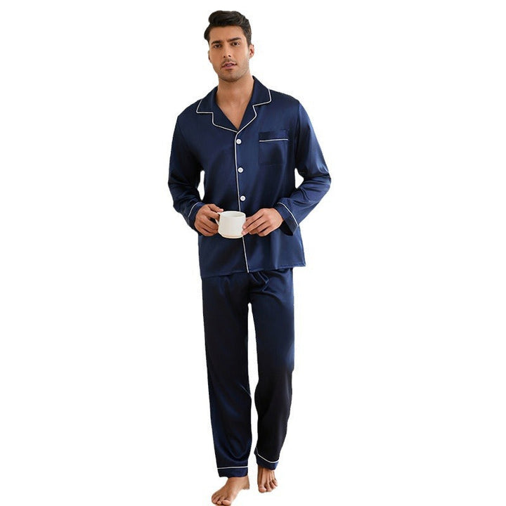 Herren Satin Schlafanzug-Set mit Klassischem Kragen und Eleganten Kontrastnähten Drune