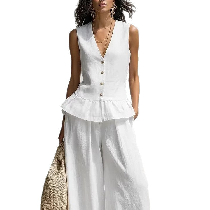 Damen lässiger Jumpsuit mit peplum Schnitt und Knopfdetails Drune