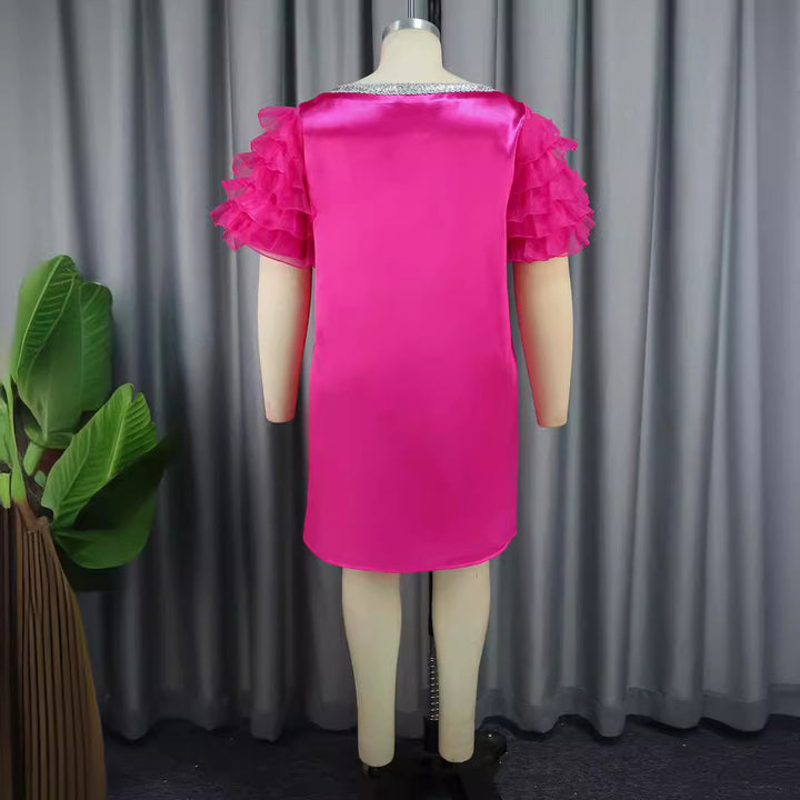 Damen festliches Minikleid mit voluminösen Rüschensäumen und glitzerndem Ausschnitt Drune
