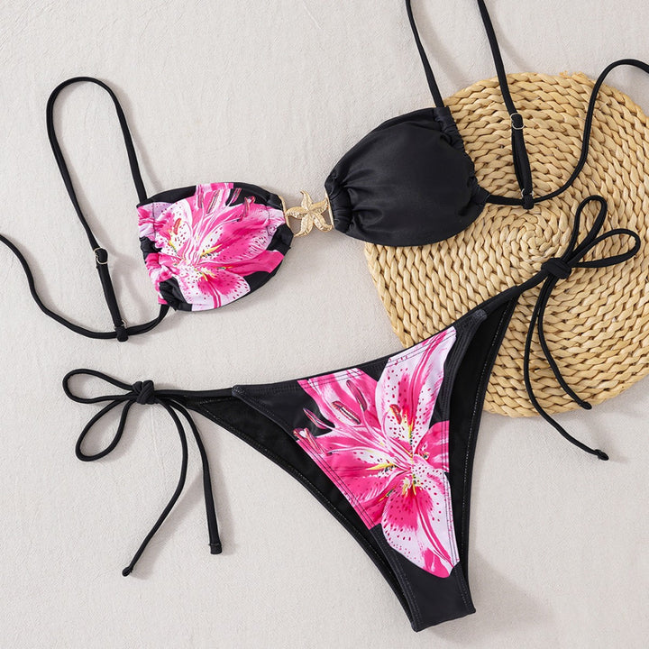 Damen Triangel-Bikini mit floralem Design und eleganten Goldakzenten Drune