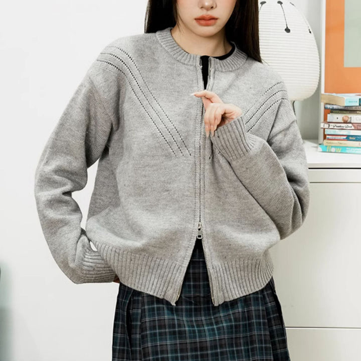 Damen kuschelige Strickjacke mit modernem Reißverschluss und feinem Strukturdesign Drune