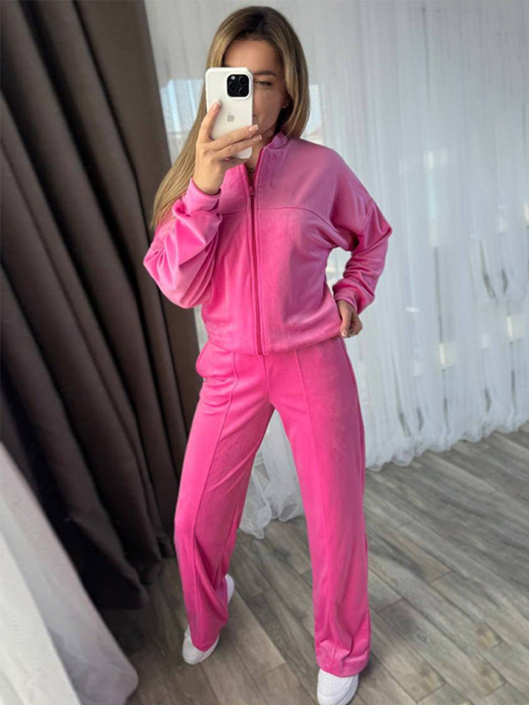 Damen Sportlicher Velours-Jogginganzug mit hohem Kragen und praktischen Taschen Drune