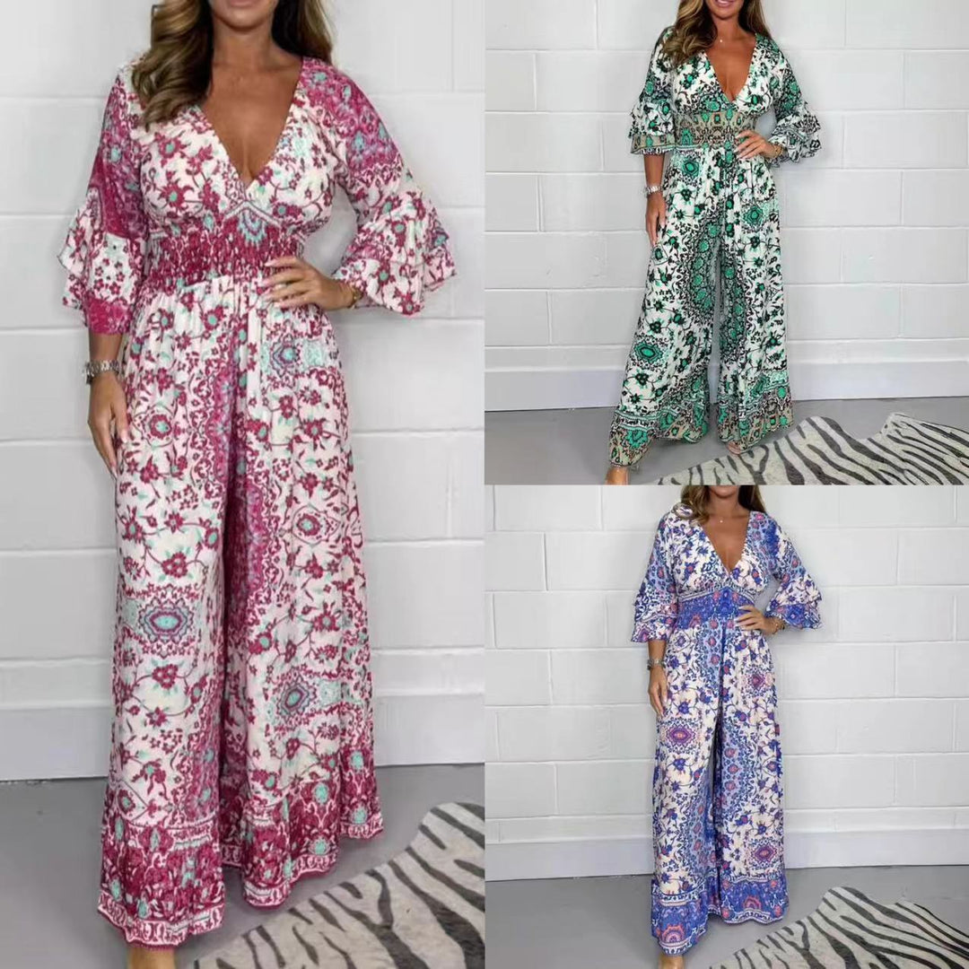 Damen Jumpsuit mit floralem Design und weit ausgestellten Ärmeln Drune
