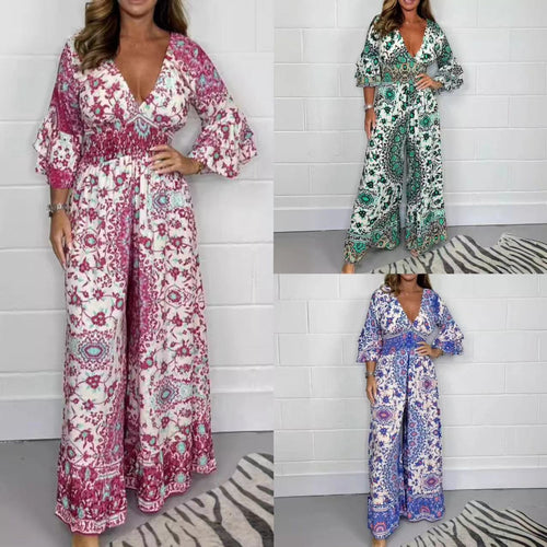Damen Jumpsuit mit floralem Design und weit ausgestellten Ärmeln Drune