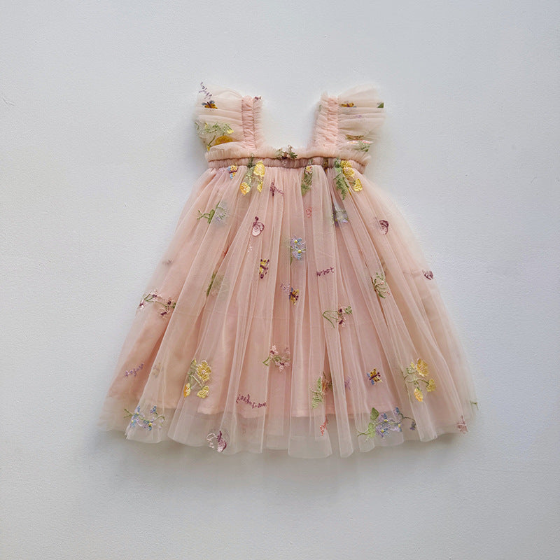 Mädchen Besticktes Tüll Partykleid mit Rüscheträgern Drune