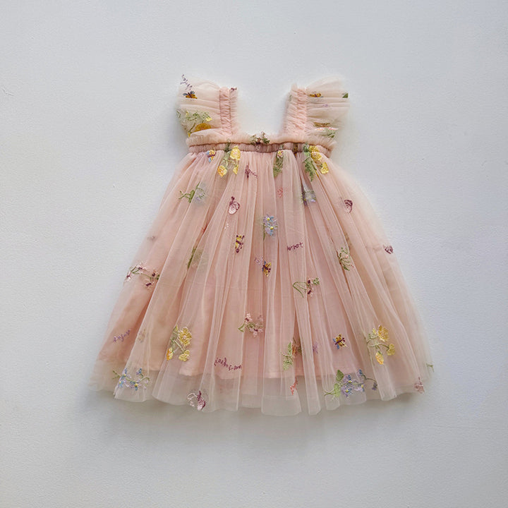 Mädchen Besticktes Tüll Partykleid mit Rüscheträgern Drune
