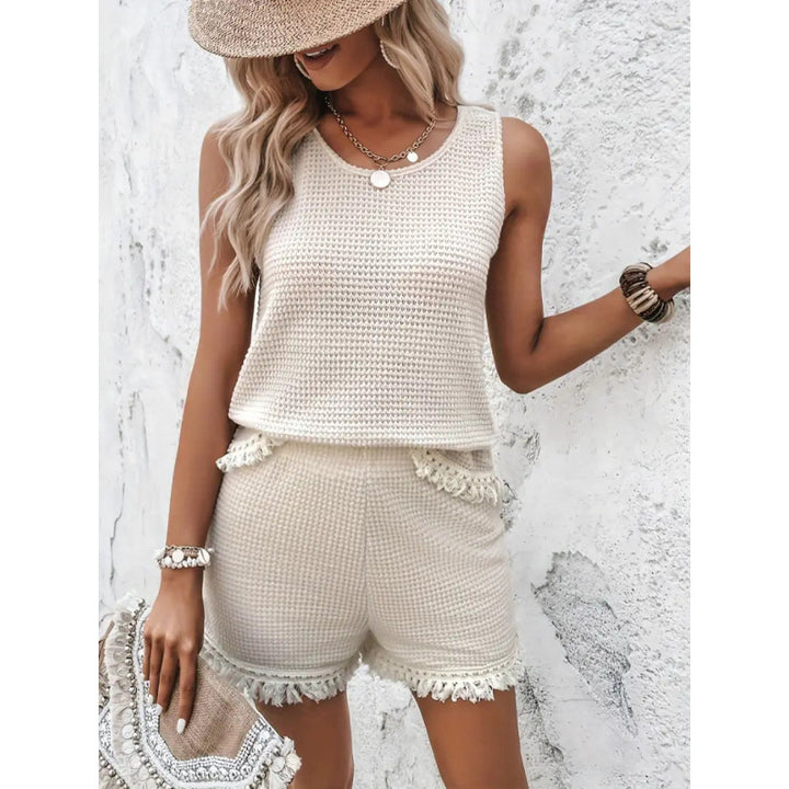 Damen Strickoberteil und Shorts Set mit fransigen Abschlüssen Drune