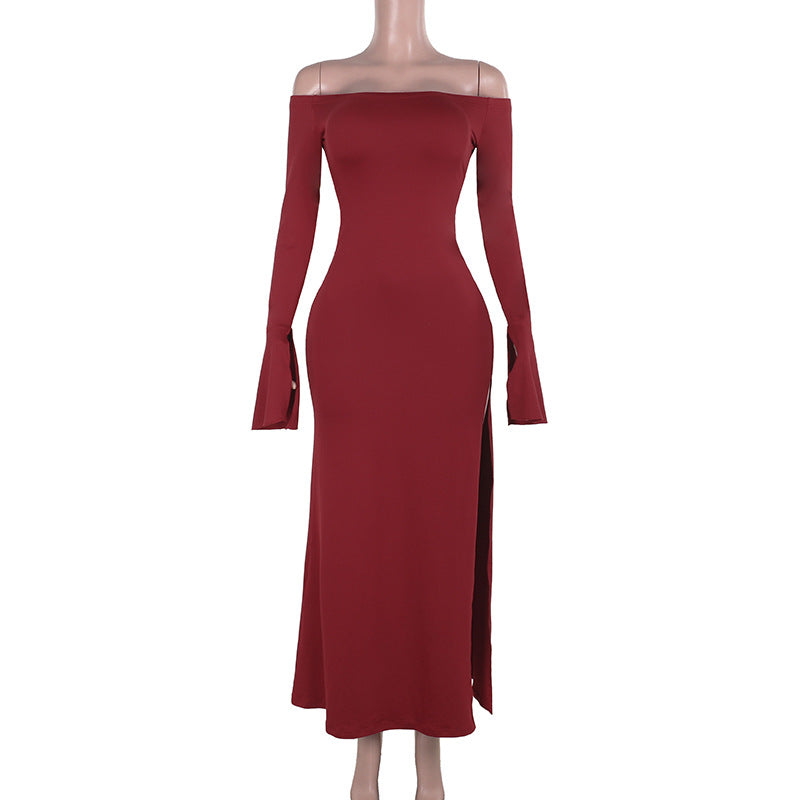 Damen figurbetontes schulterfreies Maxikleid mit elegantem Schlitz Drune