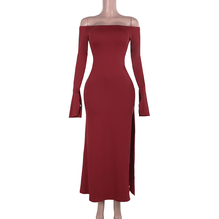 Damen figurbetontes schulterfreies Maxikleid mit elegantem Schlitz Drune