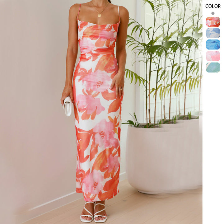 Damen ärmelloses Maxikleid mit floralem Print und elastischer Korsett-Taille Drune