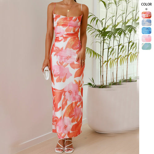 Damen ärmelloses Maxikleid mit floralem Print und elastischer Korsett-Taille Drune