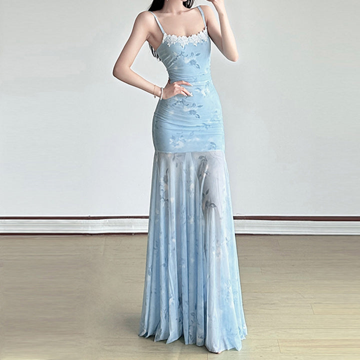 Damen Maxikleid mit floralem Druck und eleganter Spitzenborte Drune
